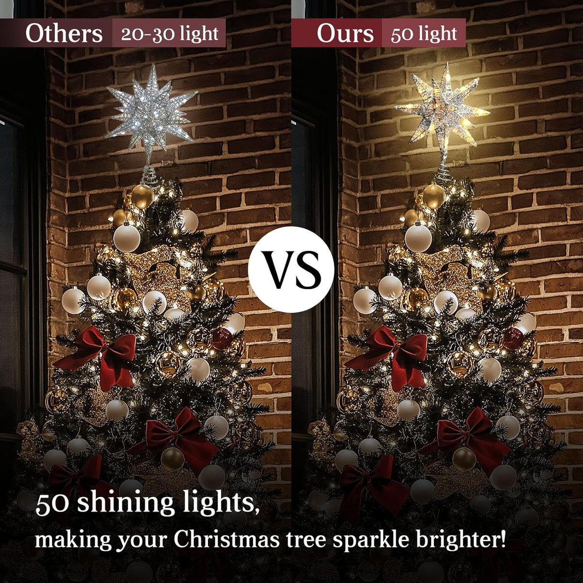 Christmas Star Tree Topper Silver, 3D Geometric Star Decorative Tree Topper with Warm White 50 LED Light Beads for Home Holiday Xmas Tradition Moravian Decor, Timer Function 5m Cable