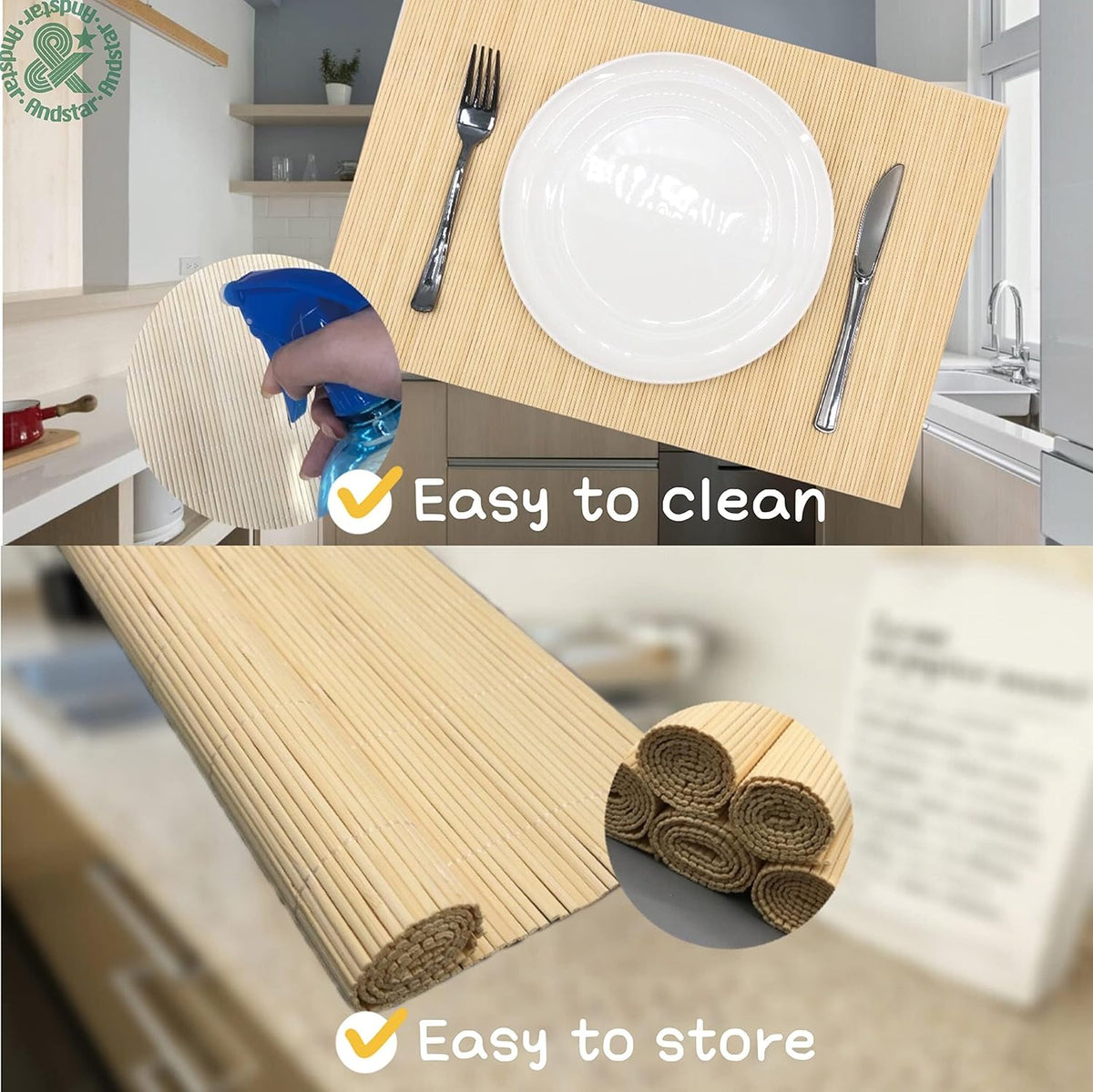 ANDSTAR Bamboo Placemats Set of 8 Waterproof - 12x18 Inch Reusable Table Mats for Dining, Eco-Friendly Heat Resistant Dishwasher Safe Kitchen Decor, Farmhouse Style Home Gift (Natural Color)