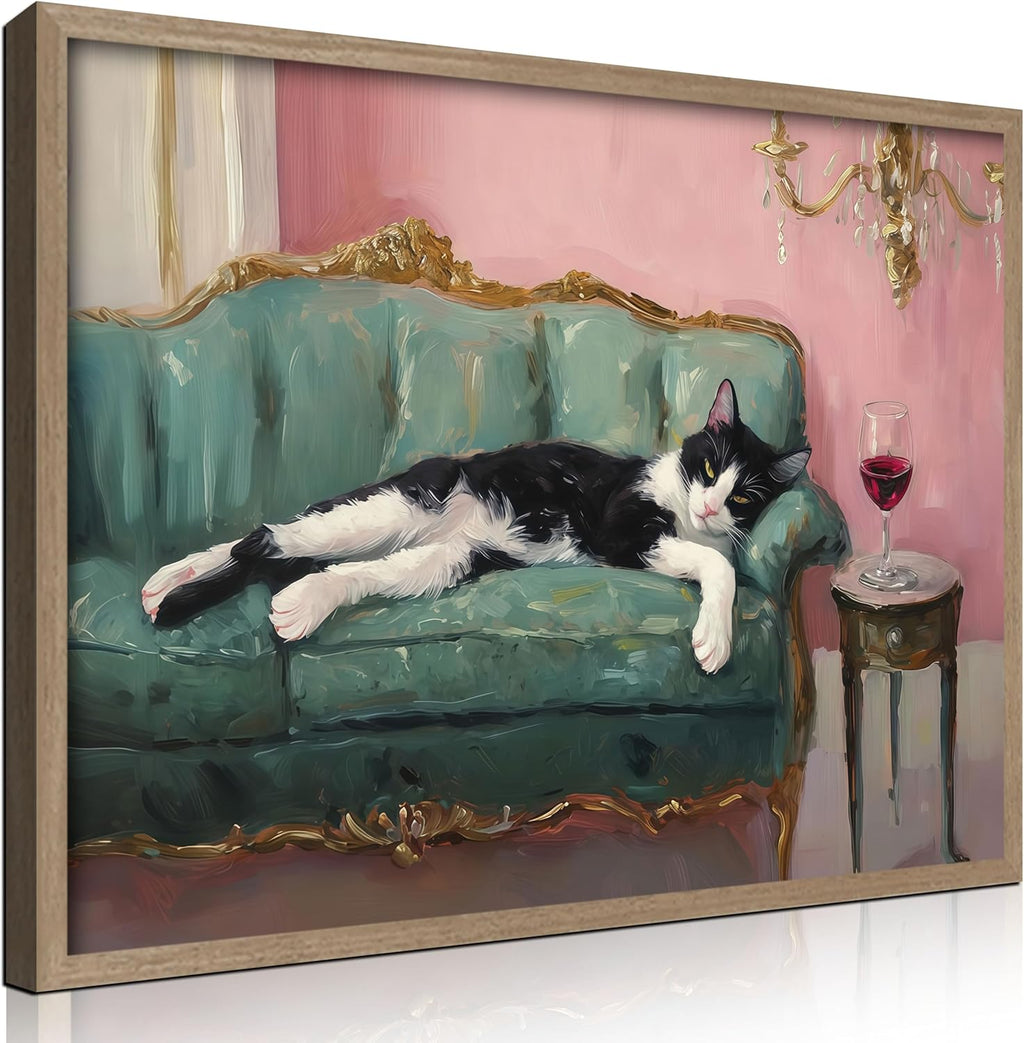 Wooden Framed Black And White Cat Wall Art Modern Style Canvas Print Lazy Persian Cat Poster Picture Decoration Painting Gallery Style Artwork Suitable For Living Room Bedroom Decoration 16x24 Inch