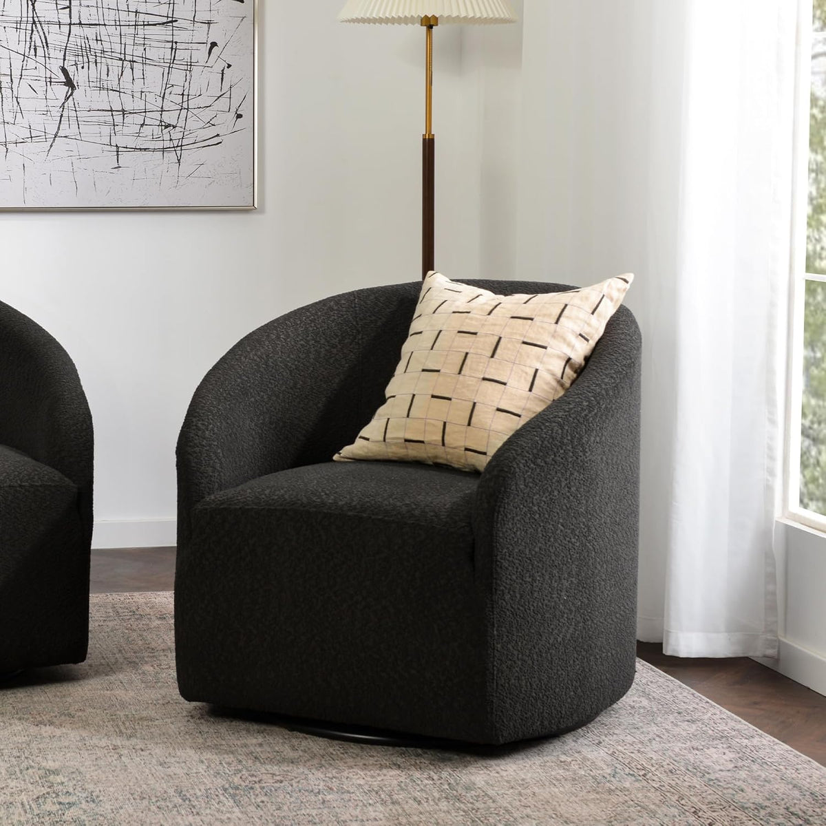 KINWELL 32" Wide Modern Boucle Swivel Barrel Chair, No Assembly Round Upholstered Swivel Accent Armchair for Living Room, Bedroom, Office (Black)