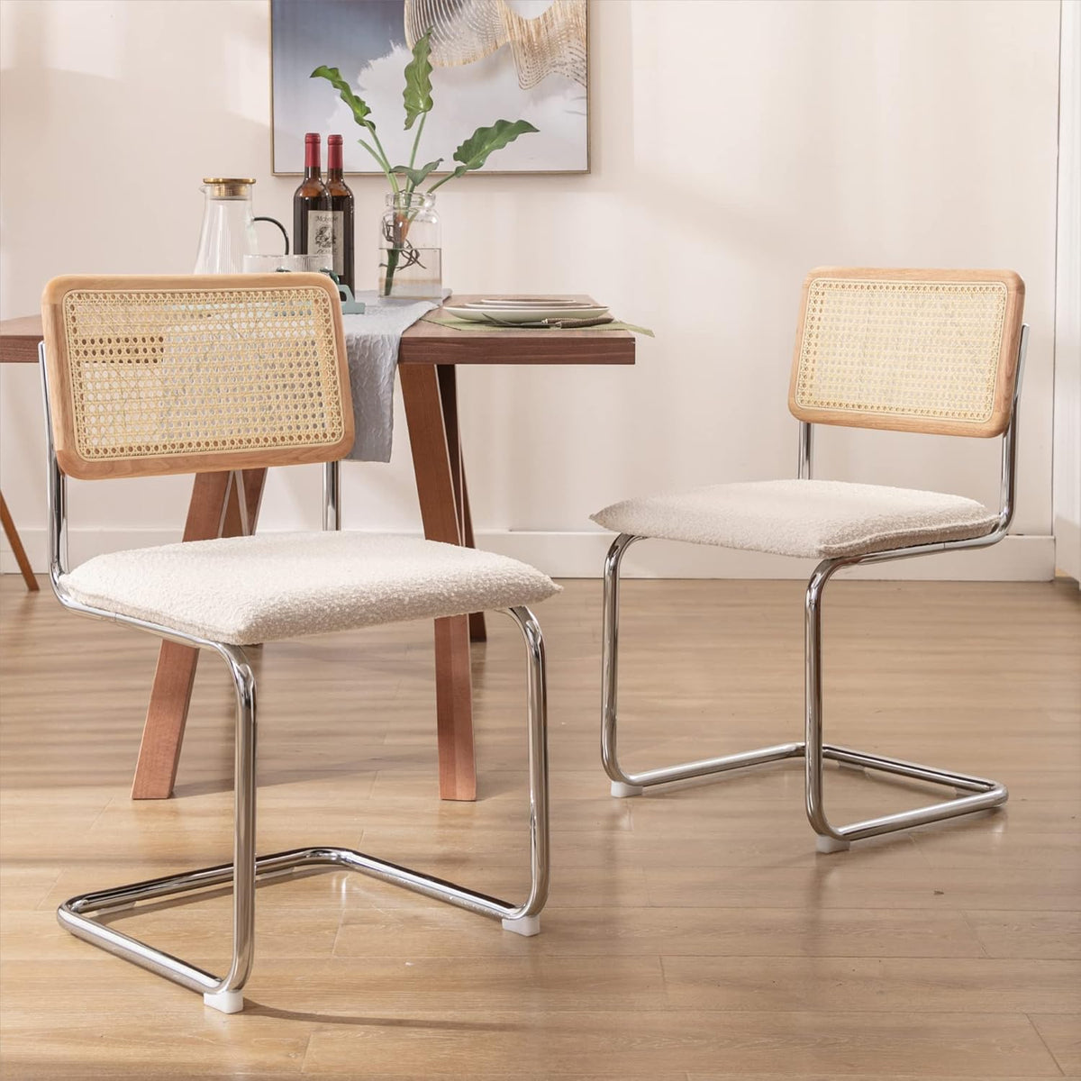 Mid Century Modern Rattan Dining Chairs Set of 2, Boucle Kitchen Chairs with Handwoven Mesh Rattan Backrest and Metal Legs, Upholstered Accent Side Chairs, White