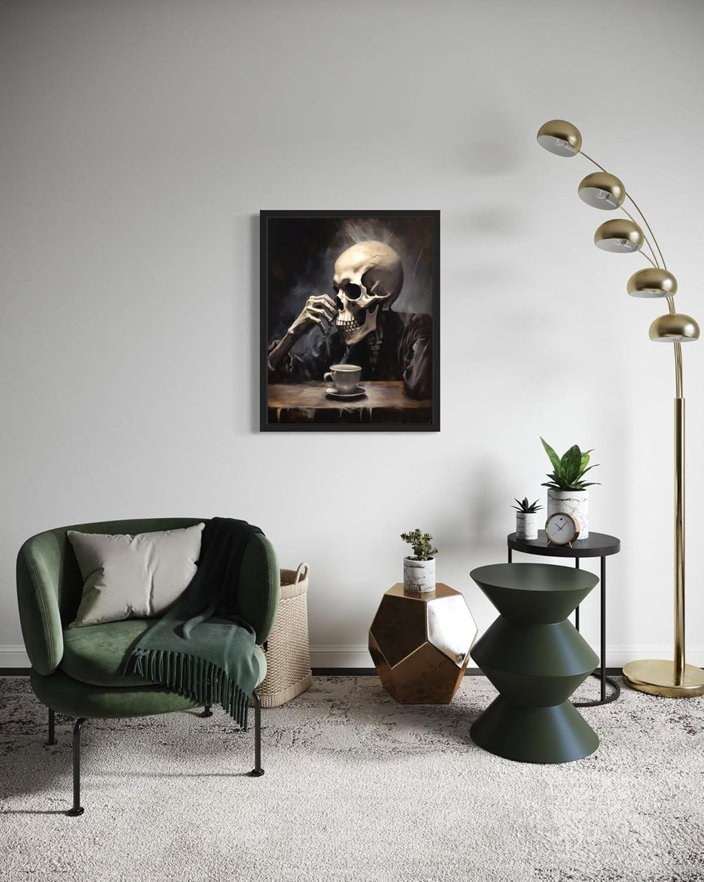 Skull Drinking Coffee Poster Art Print, Halloween Scary Vintage Wall Art Academia Spooky Painting Decoration for Horror Prints, Gothic Posters Bedroom Decor 89 (Skull Drinking Coffee, 8 x 10 inches, Black Frame)