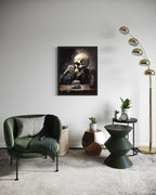 Skull Drinking Coffee Poster Art Print, Halloween Scary Vintage Wall Art Academia Spooky Painting Decoration for Horror Prints, Gothic Posters Bedroom Decor 89 (Skull Drinking Coffee, 8 x 10 inches, Black Frame)