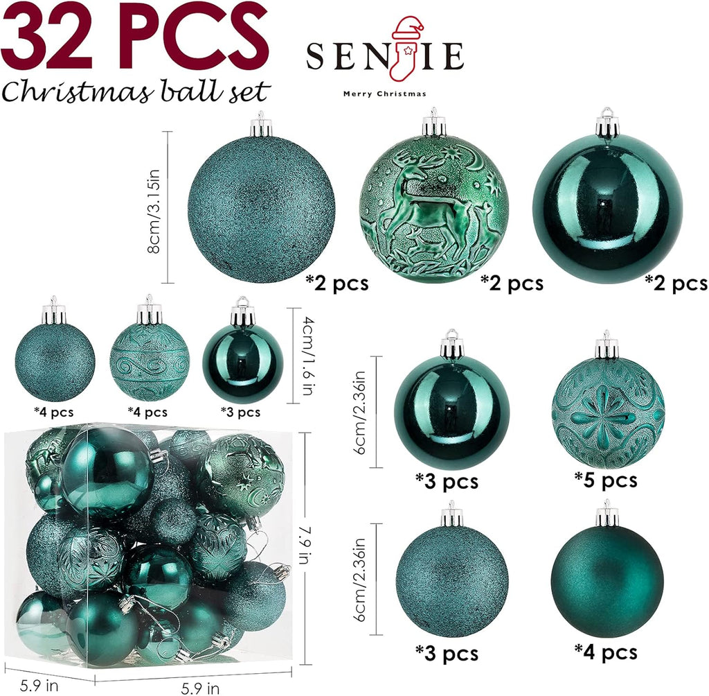 Senjie Green Shatterproof Christmas Ball Ornaments, 32 Pcs, Plastic, Wedding & Christmas, Hanging
