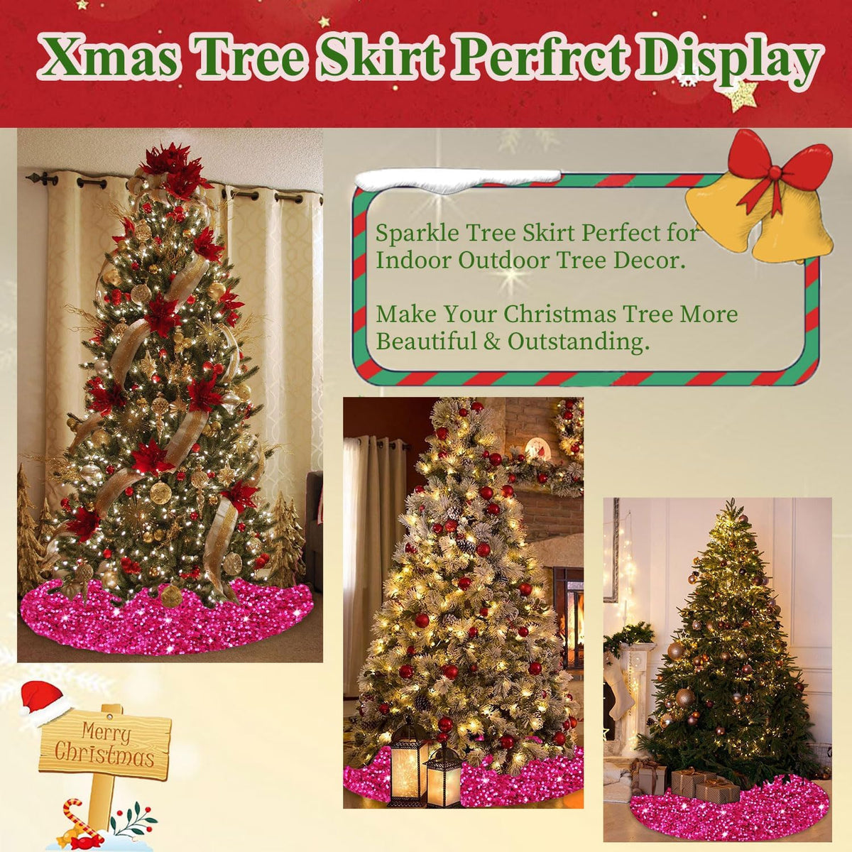 MODFUNS Glitter Christmas Tree Skirt Hot Pink Sparkly Tree Skirt 60 Inch Christmas Tree Mat Large Sequins Xmas Tree Skirt Rustic Shiny Tree Carpet Velvet Tree Cover Skirt for Xmas Celebration Decor