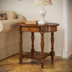 Solid Wood End Table with Drawer and Storage Shelf, Oval Sofa Side Table with Carved Legs, Living Room Corner Table, Large Beside Table, Elegant Vintage, No-Tools Assembly, Caramel Brown CJZ1533MG