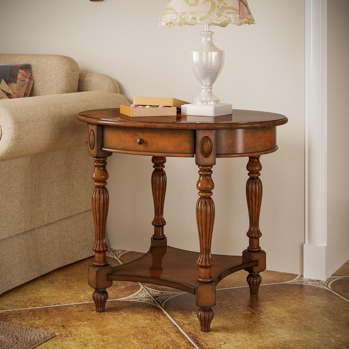 Solid Wood End Table with Drawer and Storage Shelf, Oval Sofa Side Table with Carved Legs, Living Room Corner Table, Large Beside Table, Elegant Vintage, No-Tools Assembly, Caramel Brown CJZ1533MG