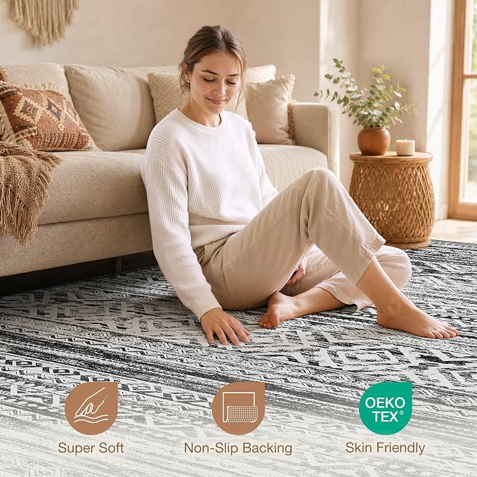 cotiled Boho 10x14 Area Rug for Living Room: Large Moroccan Washable Rug | - Image 3