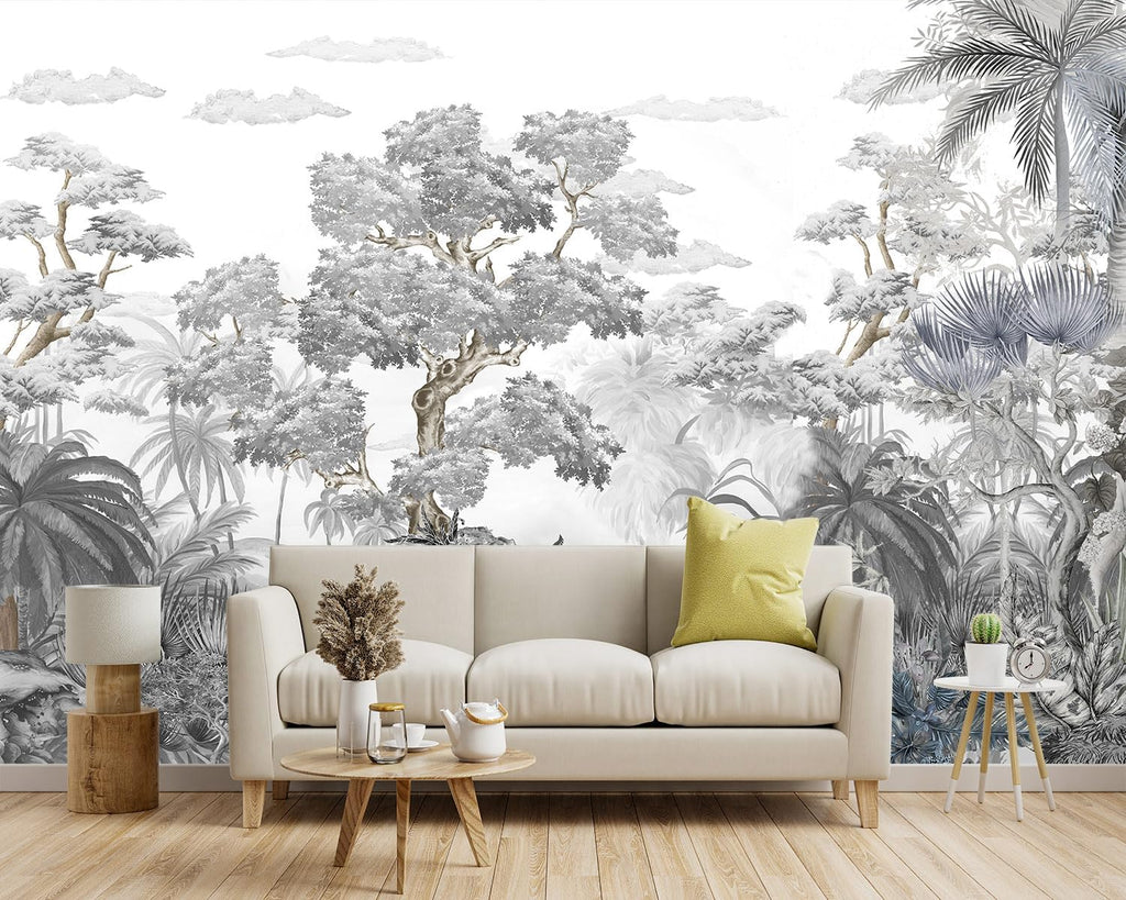 -Tropical Rainforest Botanical Grey Jungle Forest Fabric Wallpaper Living Room Palm Leaf Plant Bedroom Bathroom Large Wall Mural- 160"x108"（ not Peel and Stick）
