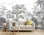 -Tropical Rainforest Botanical Grey Jungle Forest Fabric Wallpaper Living Room Palm Leaf Plant Bedroom Bathroom Large Wall Mural- 183"x120"（ not Peel and Stick）