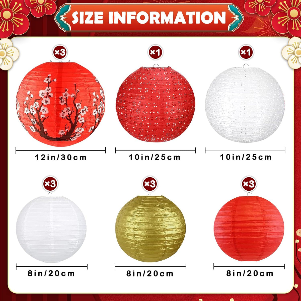 14Pcs Chinese Japanese Paper Lantern Assorted Sizes (8" 10" 12") Hanging Plum Blossom Red White Gold Chinese Lanterns for Chinese New Year Decorations, Lunar New Year, Spring Festival, Home Decor