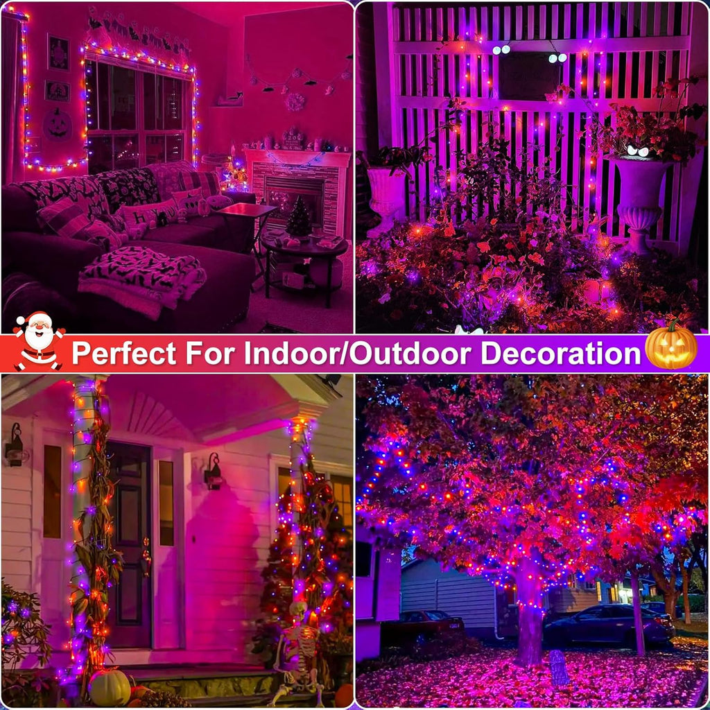 Purple Orange Halloween Lights Outdoor, 66FT 200 LED String Lights for Outside with 8 Modes Waterproof, Plug in Twinkle Tree Light Green Wire for Indoor Bedroom Garden Patio Party Decorations