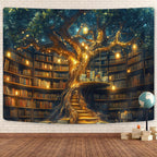 GOAOK Fantasy Library Tapestry For Classroom, Mysterious Tree Magic Bookshelf Aesthetic Tapestries, Witchy Fairytale Tree Vintage Bookshelf Book Art Tapestry Wall Hanging College Room Bedroom, 80"X60"