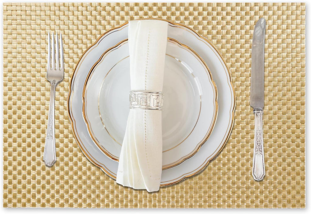 Vinyl Plastic Placemats Set of 4 Washable Heat Resistant Non-Slip Elegant Indoor Outdoor Kitchen Dining PVC Woven Table Place Mats (Gold Weaving)