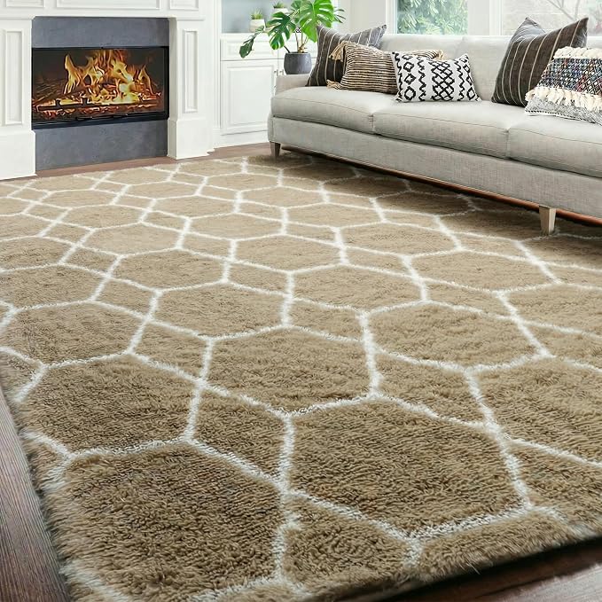 7x9 Area Rugs for Living Room Bedroom, Fluffy Beige and White Geometric Rug | - Image 6