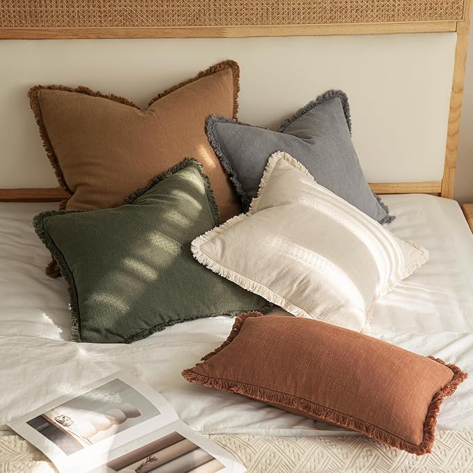 MIULEE Boho Linen Fringe Decorative Throw Pillow Covers Olive Green 20x20 | Set - Image 5