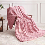 Chunky Knit Throw Blanket, 60''*80'' Knitted Throw Chenille Yarn for Bed Couch, Handmade Light Pink Crochet Big Thick Blanket, Machine Washable Cute Comfy Blanket for Home Decor