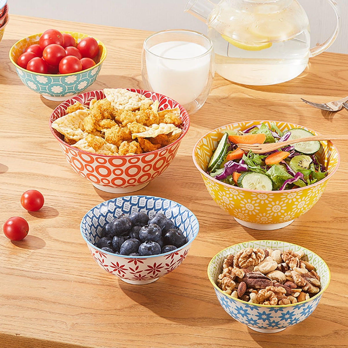 23 OZ Colorful Large Ceramic Bowl Set of 6， 6 inch Deep Porcelain Cereal Bowls for Soup, Salad, Snack and Rice, Dishwasher/Microwave safe