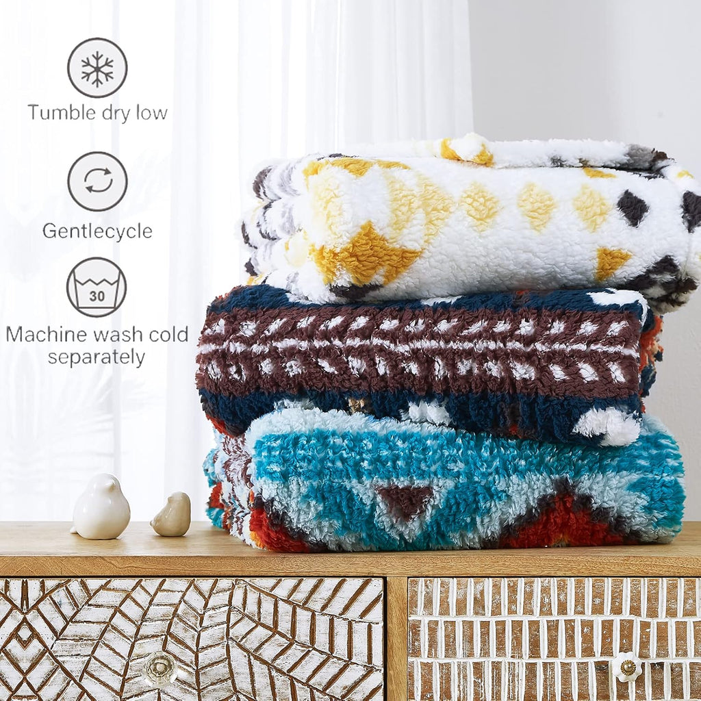 CASAAGUSTO Boho Sherpa Throw Blanket, Aztec Queen Blanket, Ultra Soft, Warm, Cozy, Plush, Thick Fleece Bohemian Throw Blanket for Couch, Bed, Sofa (Navy Blue 90 * 90 Inch)