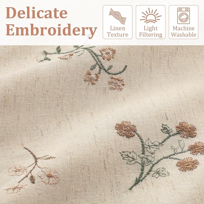Floral Embroidered Light Filtering Curtains 96 Inch 2 Panels | Linen Blend - Image 3