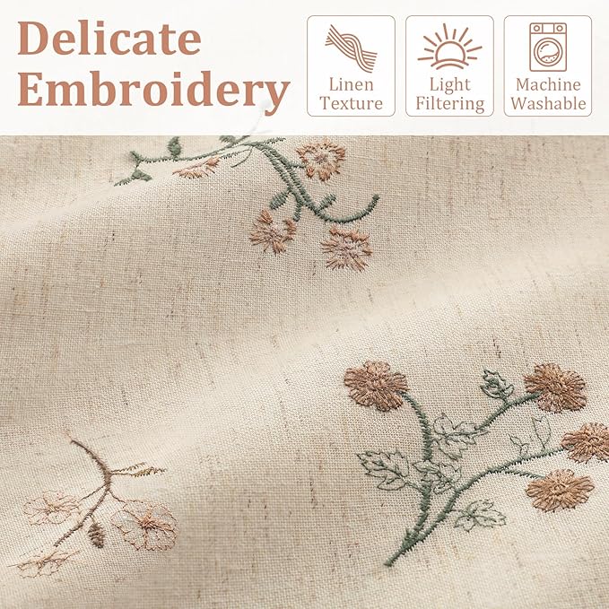 Floral Embroidered Light Filtering Curtains 63 Inch 2 Panels | Linen Blend - Image 3