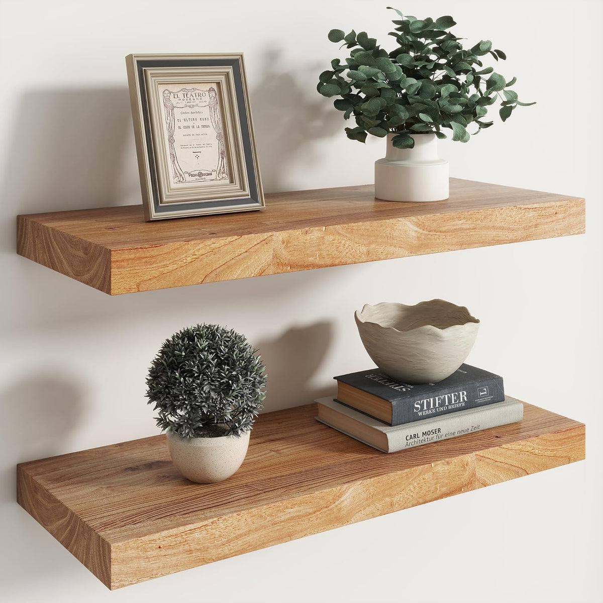 RICHFOCUS Elm Floating Shelves for Wall - 24" W x 9.3" D Rustic Solid Wood Shelves with Invisible Bracket, Wall-Mounted for Living Room, Bedroom, Kitchen Storage & Display, Set of 2, Natural