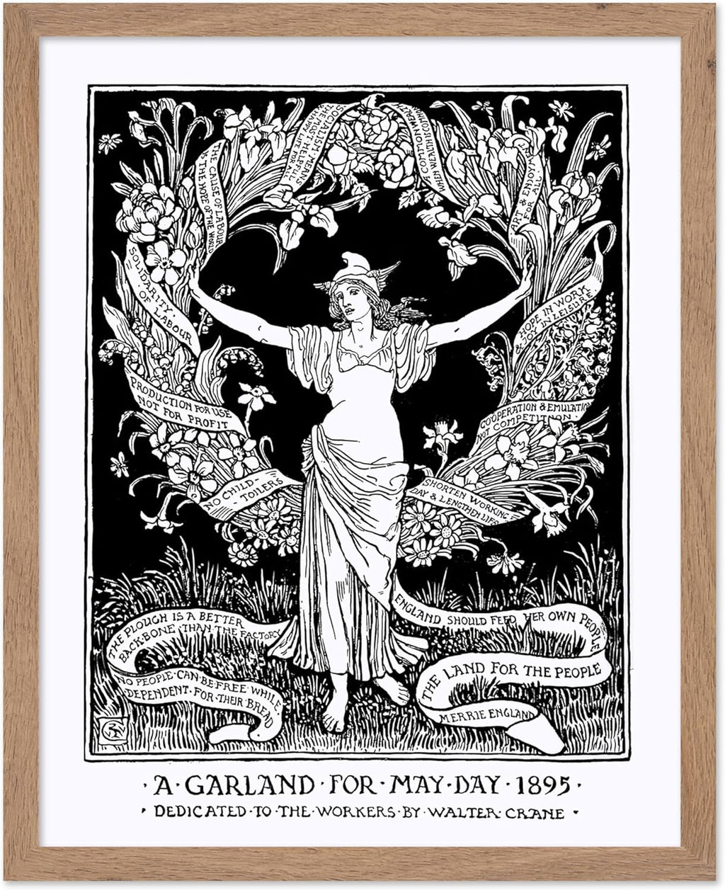 Poster Master Vintage Walter Crane Poster - Retro A Garland for May Day Print - Socialist Art - Gift for Him, Her, Men, Women - Wall Decor for Home, Office, Living Room, 8x10 Beige Framed