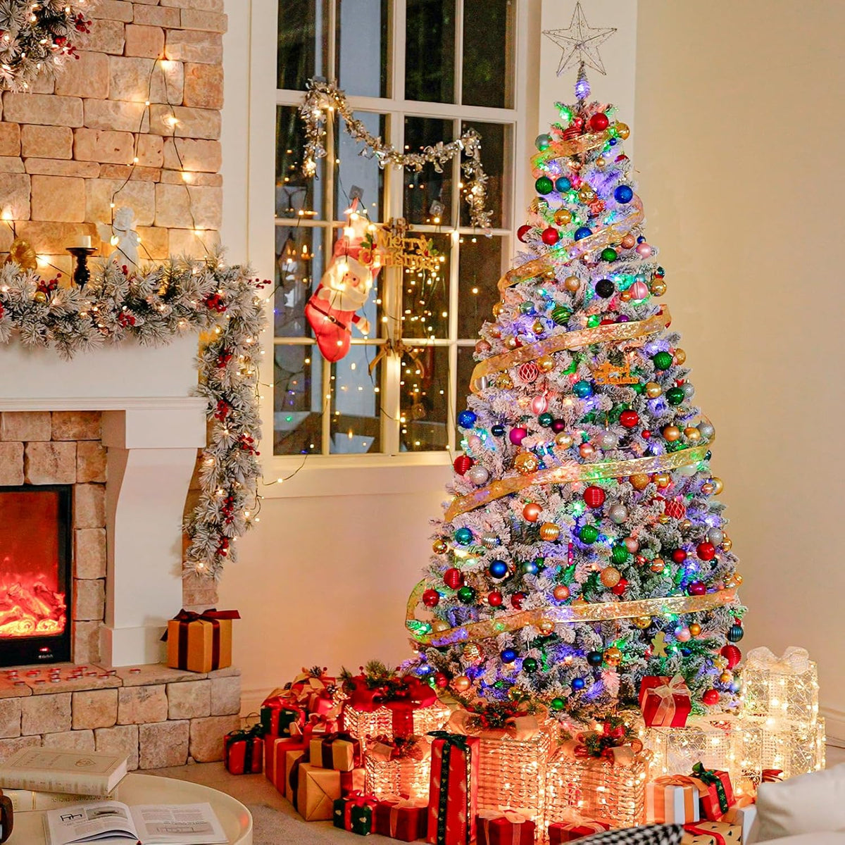 Hykolity 7.5 ft Prelit Snow Flocked Christmas Tree, Artificial Christmas Tree with 450 Color Changing LED Lights, 1446 Branch Tips, Metal Stand and Hinged Branches, 10 Colors