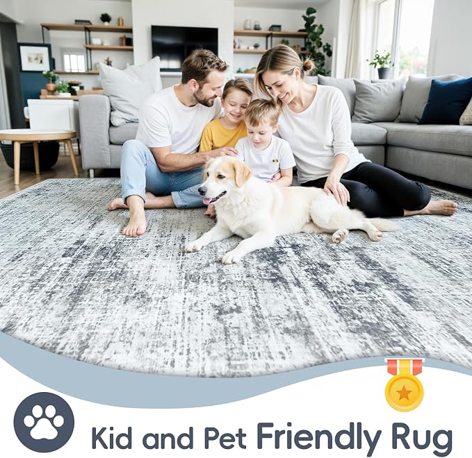 10x12 Washable Area Rug for Living Room Bedroom: Non-Slip Modern Black Grey | - Image 4