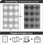 Waterproof Outdoor Rug 8x10ft, Foldable Reversible Plastic Straw Mat for Patio RV Deck Porch Backyard Balcony Camping Picnic Beach Indoor Outdoor Carpet, Black&White