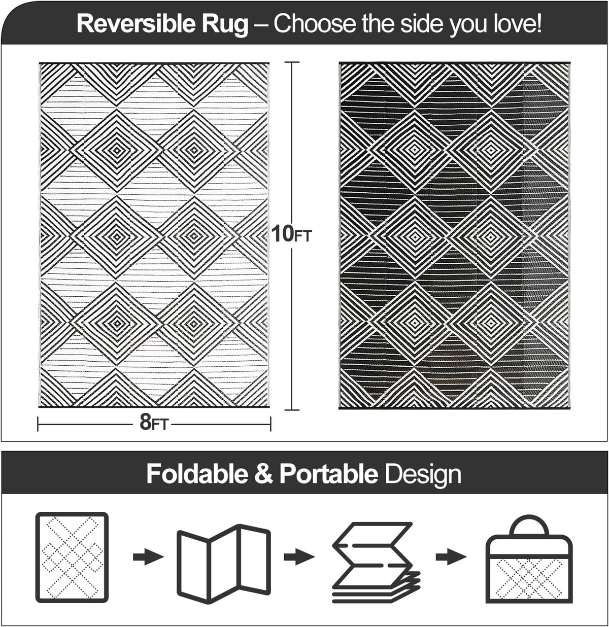 Waterproof Outdoor Rug 8x10ft, Foldable Reversible Plastic Straw Mat for Patio RV Deck Porch Backyard Balcony Camping Picnic Beach Indoor Outdoor Carpet, Black&White