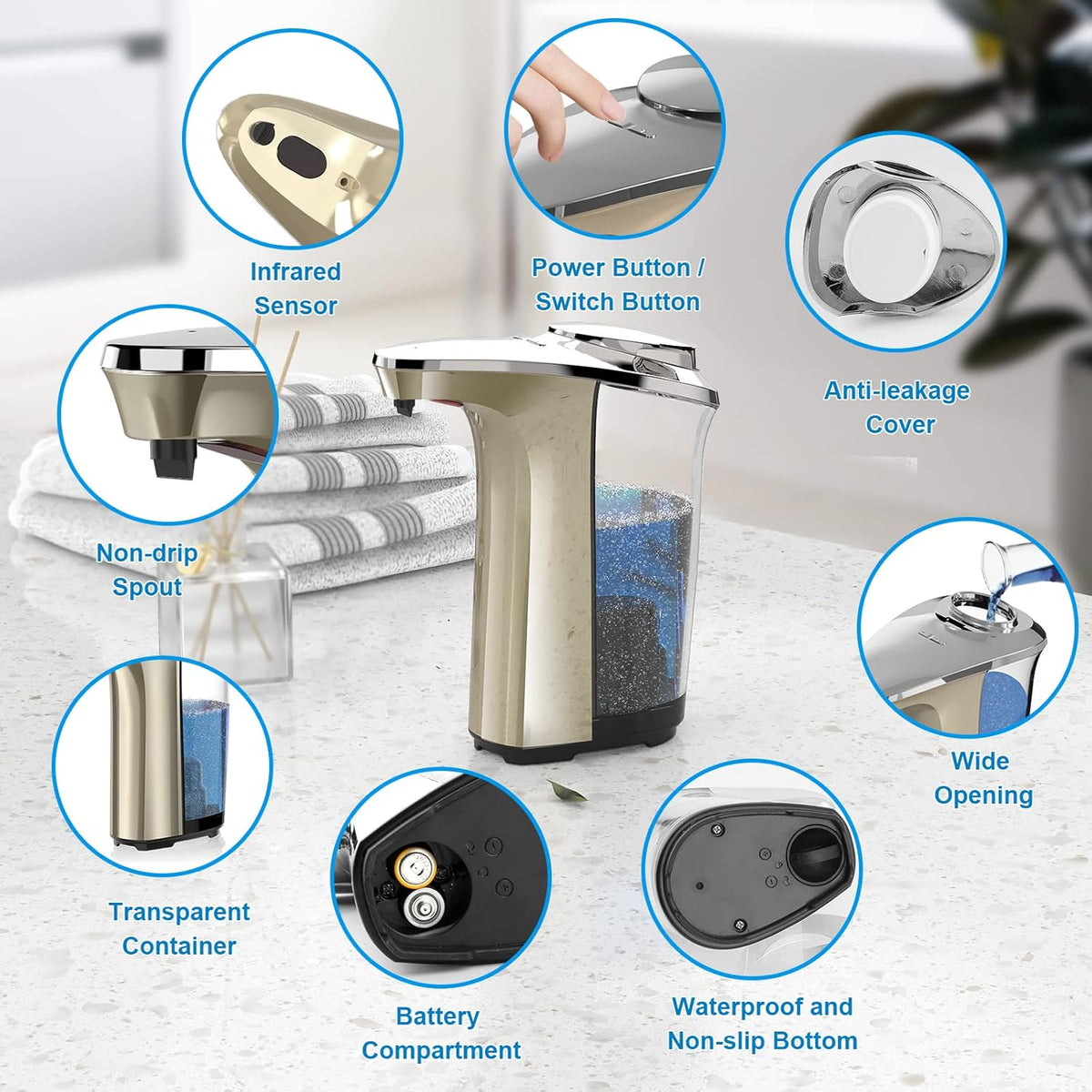 Automatic Soap Dispenser, Touchless Dish soap Dispenser 17oz/500ml with Upgraded Infrared Sensor, 5 Adjustable Soap Dispensing Levels, Liquid Hand soap Dispenser for Bathroom & Kitchen