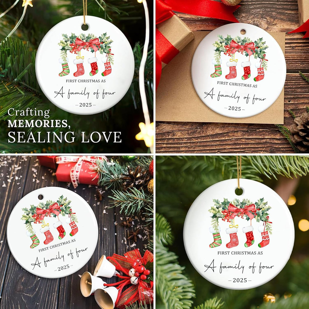 Christmas Ornaments, 3 Inch Ceramic Our First Christmas As a Family of Four 2025 Ornament Personalized New Parents Gifts for Couples Baby First Xmas Hanging Decor for Family of Four