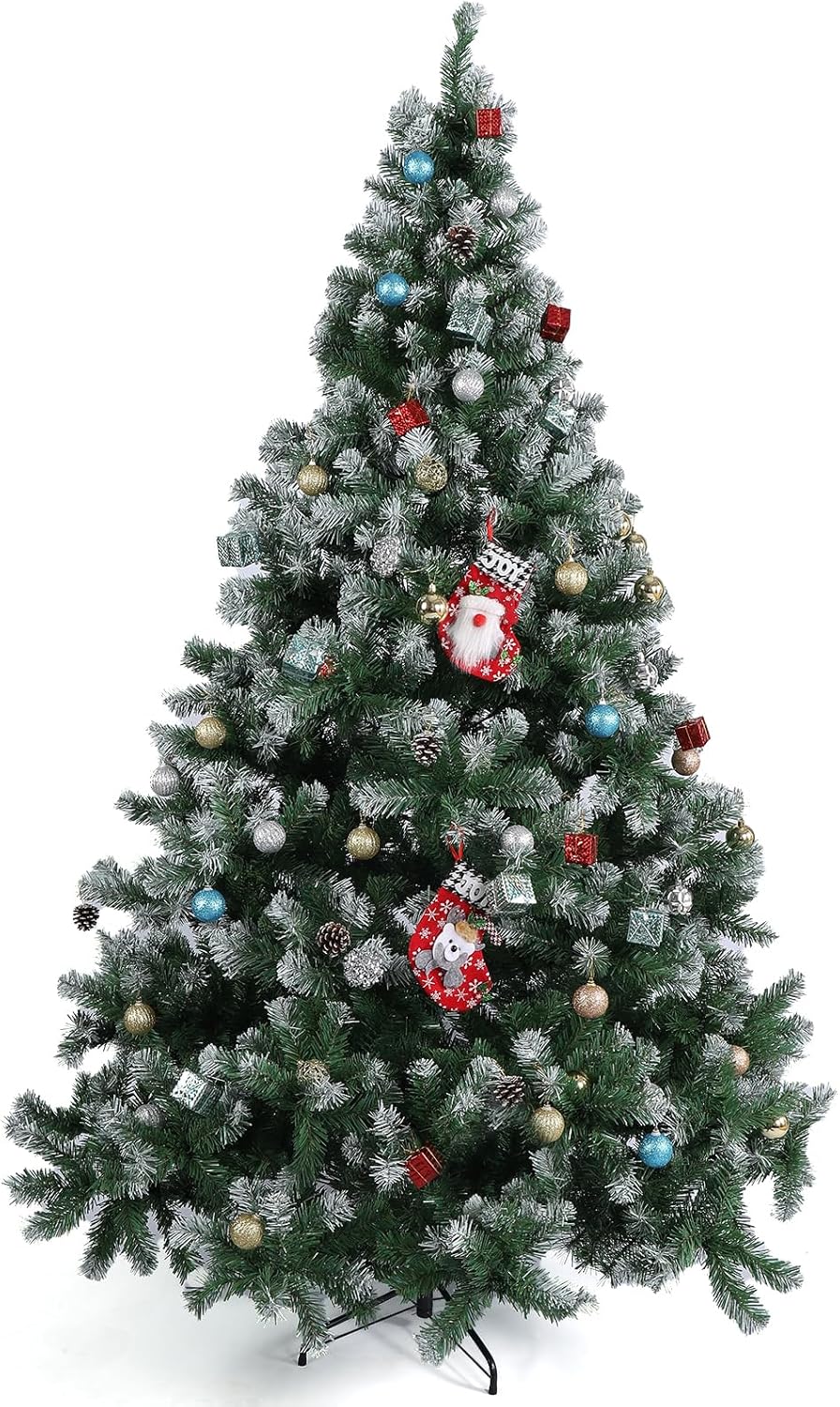 olelo 7.5 ft Artificial Christmas Tree, Snow Flocked Xmas Tree with 500 Lights, 1200 Branch Tips, 60 Decorative Pendant & 3 Decorative Socks, Metal Hinges & Foldable Base