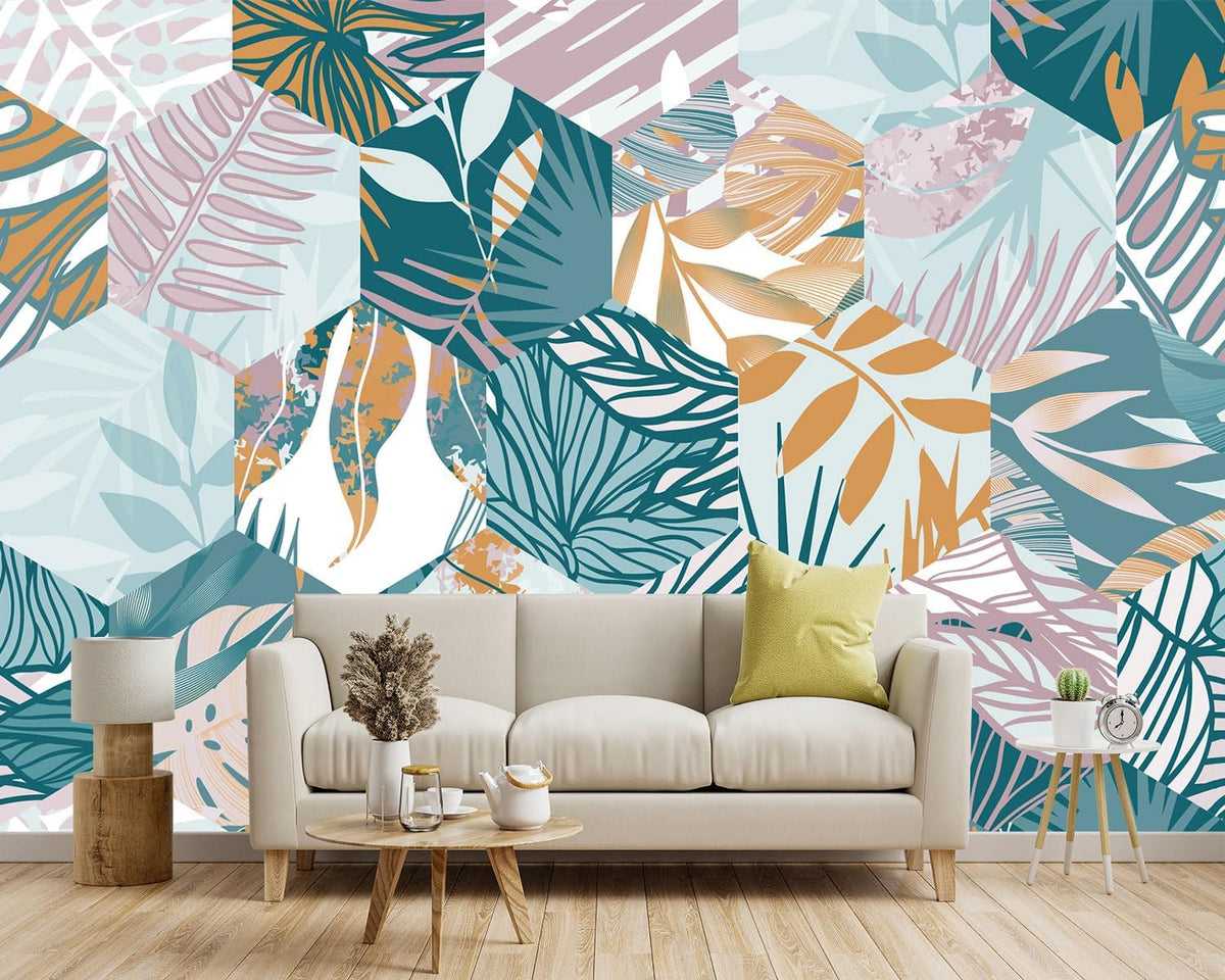 -Abstract Geometry Botanical Banana Leaf Fabric Wallpaper Living Room Bedroom Bathroom Tropical Plant Leaf Wall Mural- 91"x65"（ not Peel and Stick）