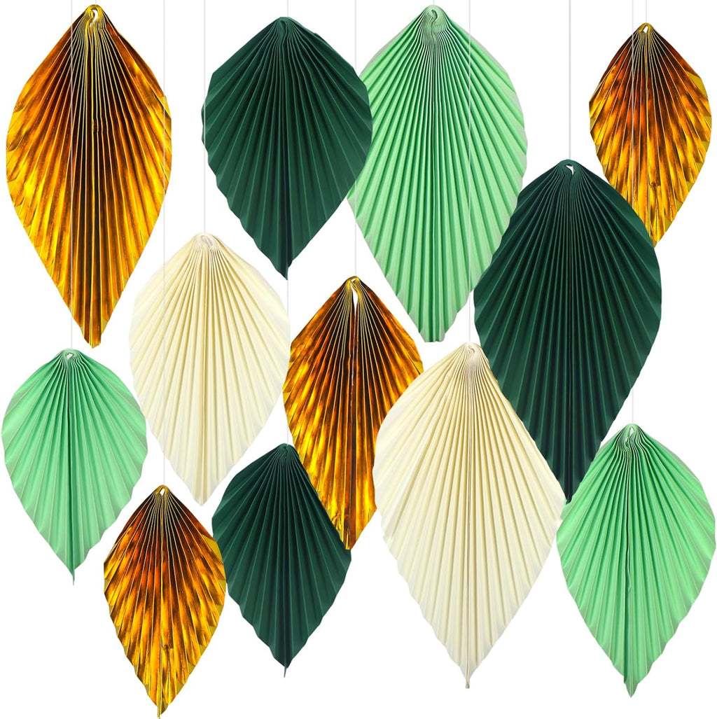 ADLKGG Green Gold Hanging Paper Leaves Wall Backdrop Decor, Paper Palm Leaves Fan Party Decorations for Forest Birthday Party Tropical Jungle Theme Classroom Decor, 12pcs