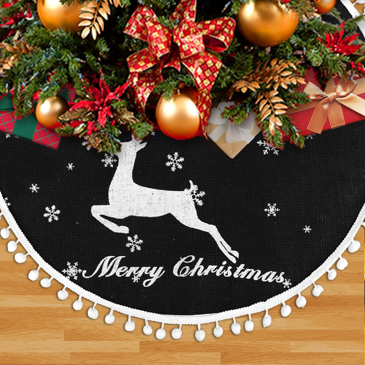 30 Inch Christmas Tree Skirt, Burlap Black Christmas Rustic Tree Skirt with Elk Deer and White Snowflake Printed for Holiday Party Xmas Tree Decoration