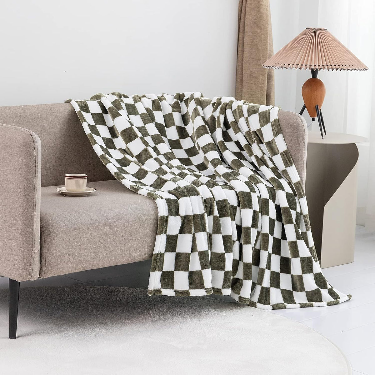 LOMAO Throw Blankets Flannel Blanket with Checkerboard Grid Pattern Soft Throw Blanket for Couch, Bed, Sofa Luxurious Warm and Cozy for All Seasons (Dark Olive, 90"x90")