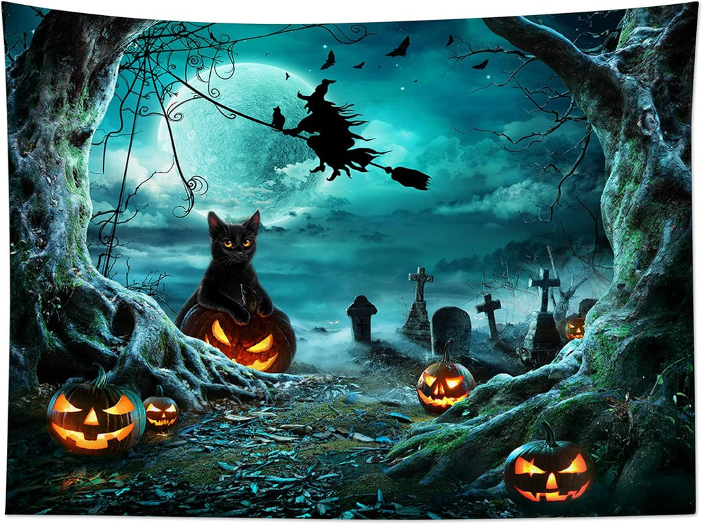 LB Halloween Tapestry Pumpkins Black Cat Dead Tree in Spooky Graveyard Full Moon Night with Witch Halloween Wall Hanging for Bedroom Living Room Dorm Decor 80x60 Inch