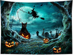 LB Halloween Tapestry Pumpkins Black Cat Dead Tree in Spooky Graveyard Full Moon Night with Witch Halloween Wall Hanging for Bedroom Living Room Dorm Decor 80x60 Inch
