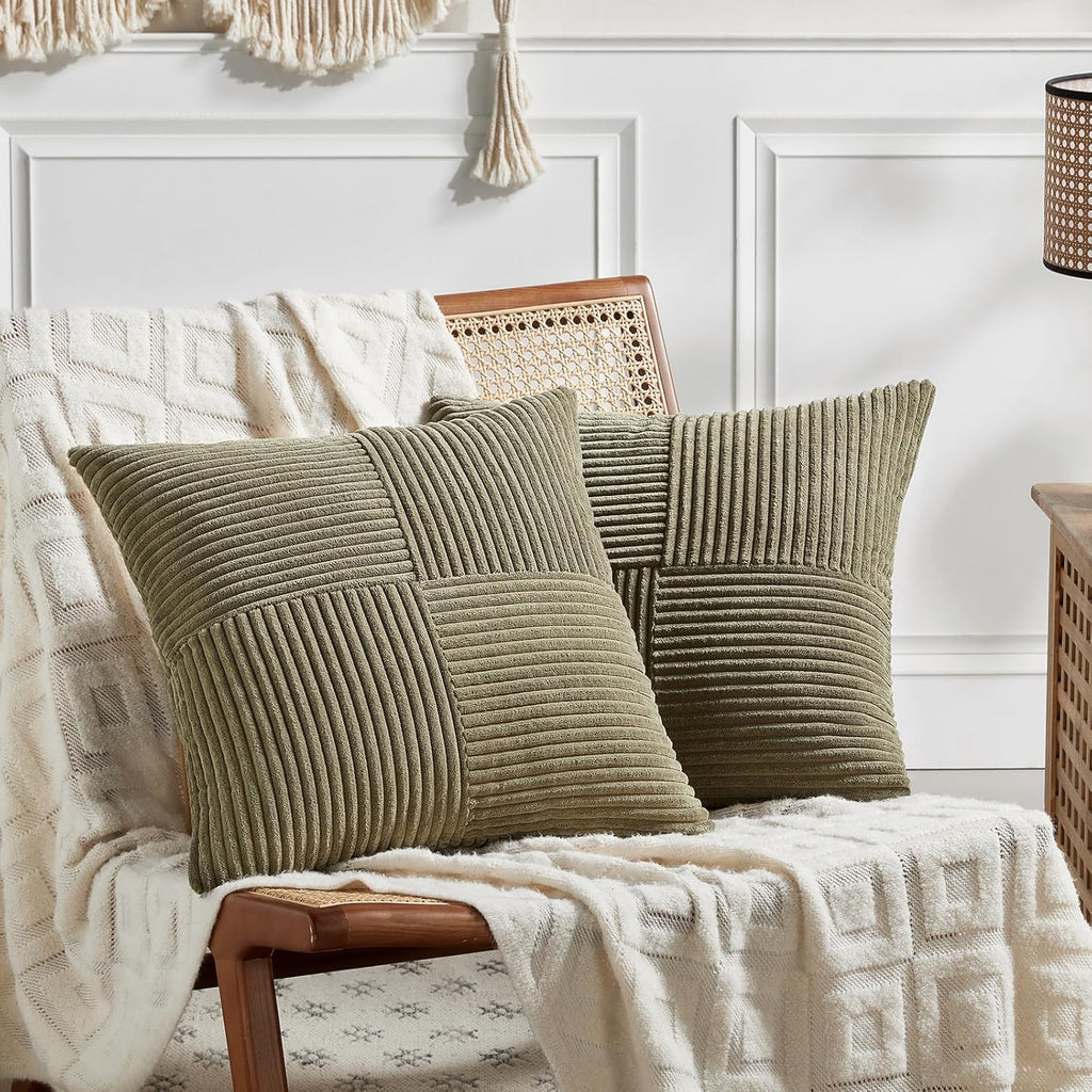 Fancy Homi 2 Packs Olive Green Decorative Throw Pillow Covers 18x18 Inch for Living Room Couch Bed Sofa, Rustic Farmhouse Boho Home Decor, Soft Corss Corduroy Patchwork Textured Cushion Case 45x45 cm