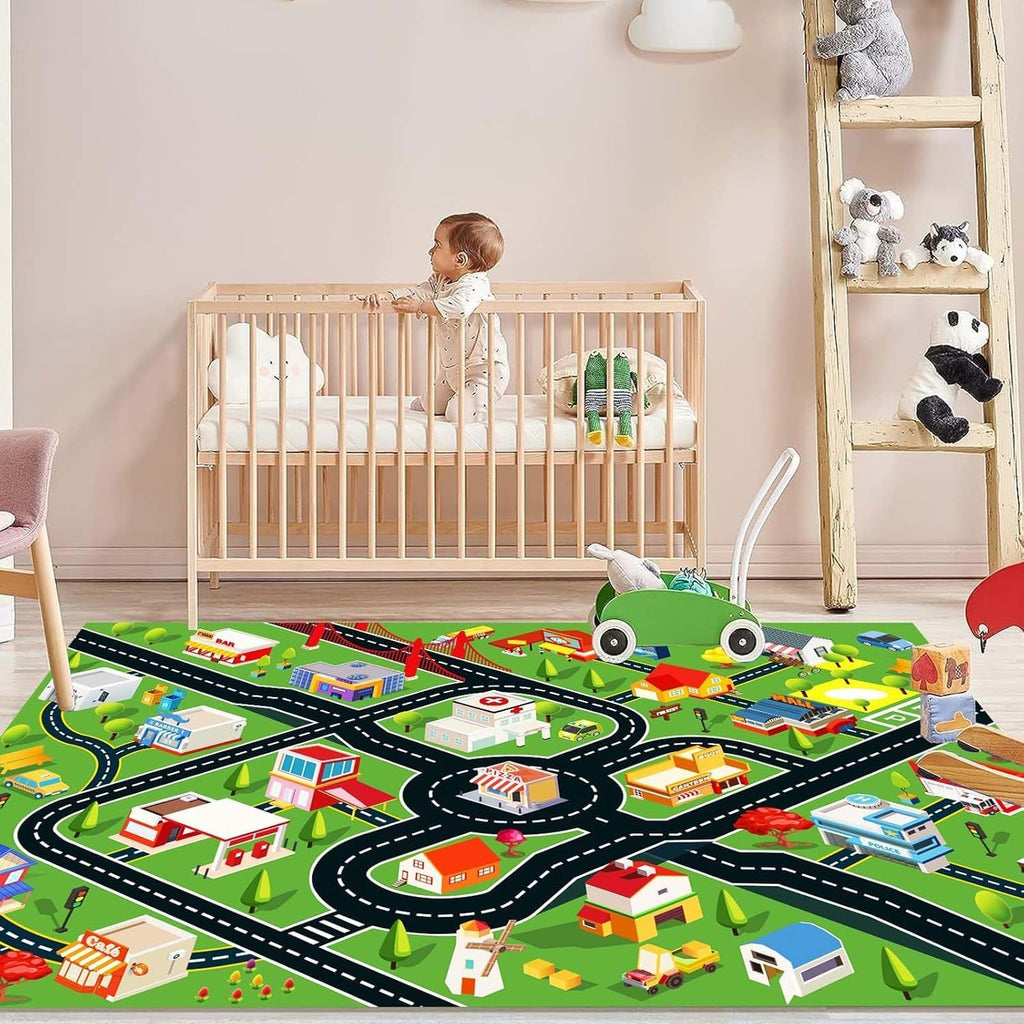 Kids Rug Car Rugs for Kids Toy Cars Play Mat with Rubber Backing City Life Road Rug for Cars Fun City Map for Carpet for Bedroom Boys (RED-Rug, 2.6x3.9ft)
