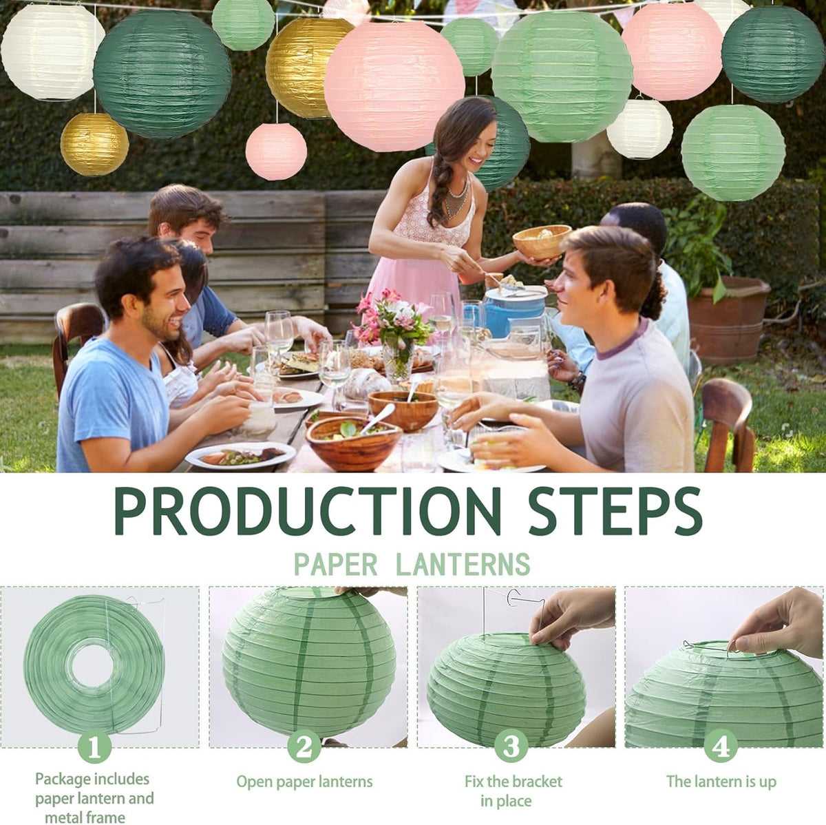 ADLKGG Paper Lanterns Decorative, Round Hanging Paper Lanterns Decorations for Graduation Bridal Shower Wedding Birthday Neutral Baby Shower Decorations Home Decor Sage Green/Pink/Gold 21pcs