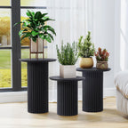 Round Nesting Coffee Table Set of 3,Mid Century Modern Fluted Coffee and End Table Set,Small Circle Wooden Side Table Drink Table for Living Room (Black)