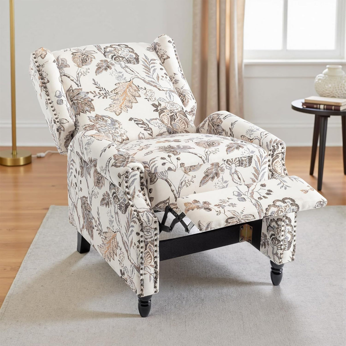 UIXE Pushback Recliner Chair, Fabric Upholstered Armchair Push Back Accent Chair for Living Room, Rivet Trim Home Theater Single Sofa Bedroom Reading Seat with Footrest - Beige Plants
