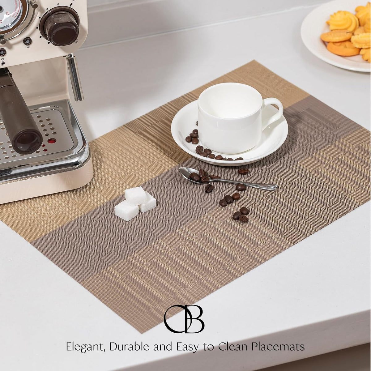 Placemats Set of 12 - Easy Clean Woven Vinyl Placemats for Dining Table, Indoor/Outdoor Place Mats, Washable PVC Table Mats （Gold Dune）