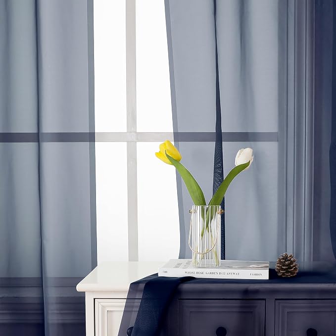 Navy Blue Sheer Curtains 63 Inch Long 2 Panels, Elegant Voile Drapes - Image 8