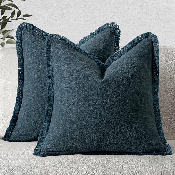 MIULEE Linen Fringe Decorative Euro Throw Pillow Covers Navy Blue 26x26 | Set by MIULEE