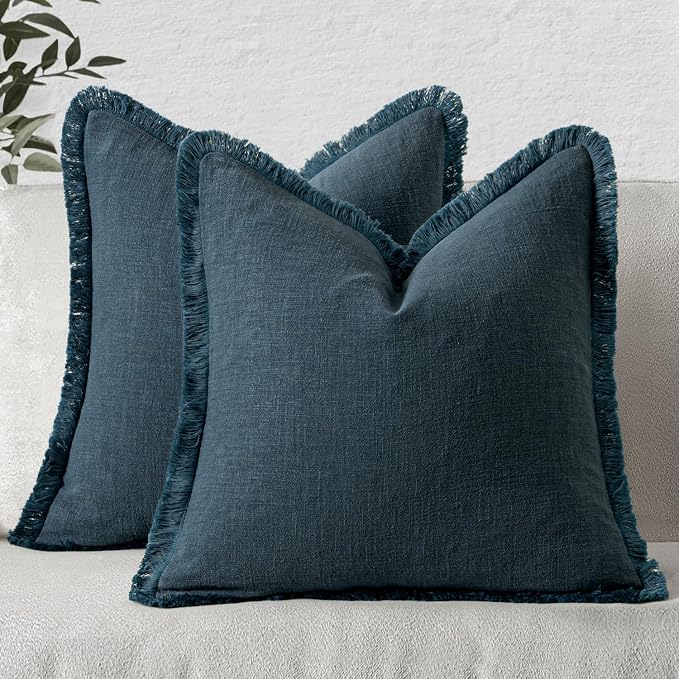 MIULEE Boho Linen Fringe Decorative Throw Pillow Covers Navy Blue 18x18 | Set by MIULEE