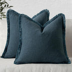 MIULEE Boho Linen Fringe Decorative Throw Pillow Covers Navy Blue 18x18 | Set by MIULEE